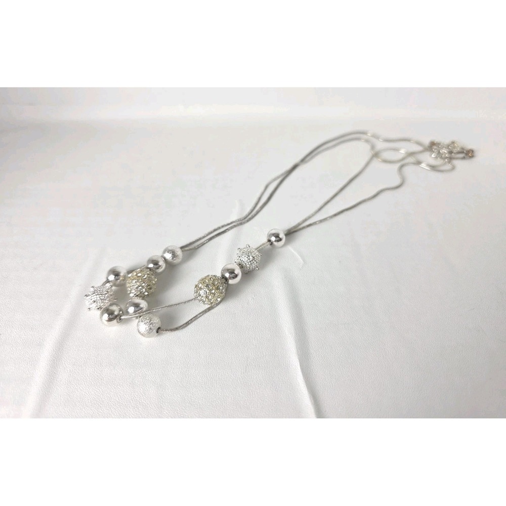 Vintage Double Strand Silver Tone Beaded Necklace Crystals Costume‎ Jewelry